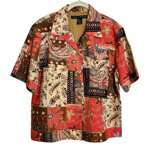 Anne Carson Womens Vintage Patchwork Blouse Size Large Pink Brown Floral Western